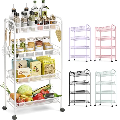 TOOLF 4 Tier Rolling Cart, Metal Utility Storage Cart with Wheels, White - color: White, size: 4-Tier