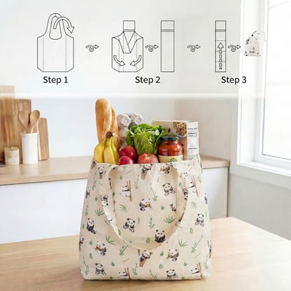 Stelle Lightweight Reusable Grocery Bag with Handles Ripstop Nylon Foldable Tote Shopping Bags for Travel and Groceries - color: Panda Friends