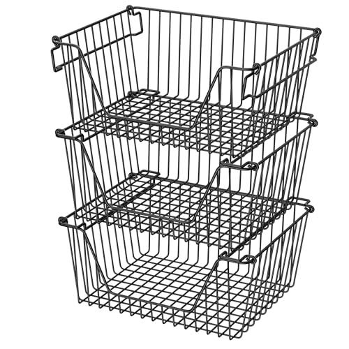 Stackable Wire Metal Baskets Sturdy Cabinet Organizer Wire Pantry Freezer Bin with Handle for Kitchen Fruit Vegetable Organization, Black, 3Packs - size: 14"Lx 10.8"Wx 6.1"H - Black