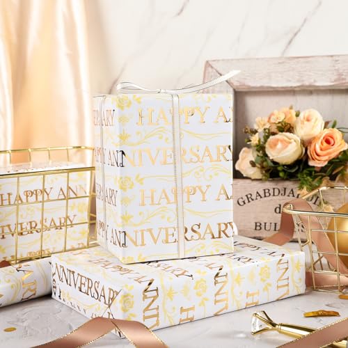 WRAPAHOLIC Happy Anniversary Wrapping Paper Roll - Mini Roll - 17 Inch x 16.5 Feet - Gold Foil Happy Anniversary Lettering Design Perfect for Celebration, Party - color: Happy Anniversary - Gold, size: 17 inch x 16.5 feet