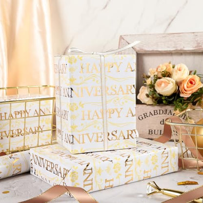 WRAPAHOLIC Happy Anniversary Wrapping Paper Roll - Mini Roll - 17 Inch x 16.5 Feet - Gold Foil Happy Anniversary Lettering Design Perfect for Celebration, Party - color: Happy Anniversary - Gold, size: 17 inch x 16.5 feet