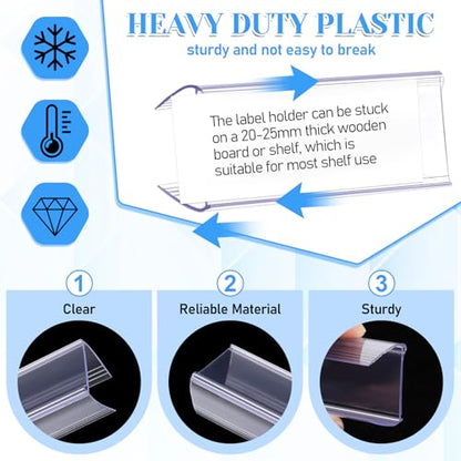 100 Pcs Shelf Label Holder,Clear Plastic Price Tag with Non-adhesive Paper Label Inserts 2.4 in L x 1 in H for Bookshelf Shelves, Wood Shelf Sign and Ticket Holder,Clips On to Shelves 3/4" to 1" Thick