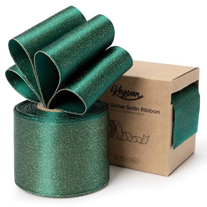Keypan Green Satin Ribbon Wired Gold Glitter 2-1/2 Inch x 10 Yards - color: Glitter Green, size: 2-1/2"