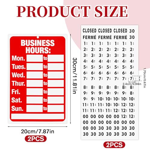 2 Set Business Hours Sign, Business Hours Sign Kit for Glass Door or Window with Matching Sticker, 11.81" X 7.87" Ideal Hour of Operation Signs for Businesses, Store or Office (Red and White)