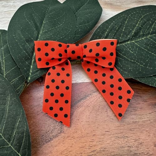 Orange Black Polka Pre-Tied Bows - 3" Wide, Set of 12, Halloween, Fall - color: Orange/Black Polka Dots