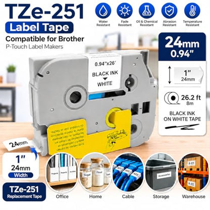 1-Pack Compatible with Brother P-Touch TZe-251 24mm White Label Maker Tape - color: White, size: 24mm