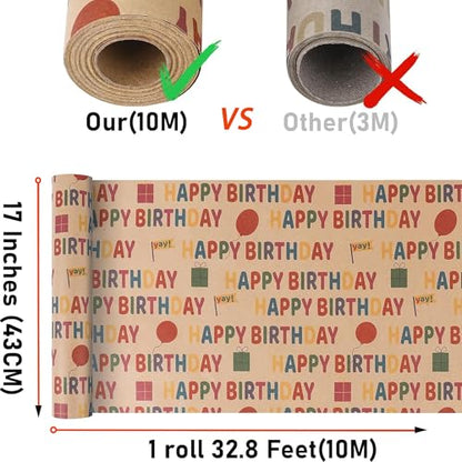 VOWOVOSDAY Birthday Wrapping Paper,Gift Wrapping Paper Roll,Kraft Wrapping Paper-17 inch X 33 Feet Per roll,Colorful Happy Birthday Pattern for Boys Girls,Baby Shower(10Happy Birthday) - color: Kraft Happy Birthday
