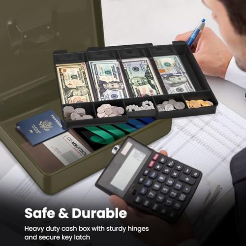 Flexzion Small Cash Box with Money Tray and Lock, 11.4-Inch, Green - color: Green