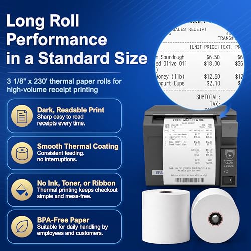 3 1/8 x 230 Thermal POS Rolls for Epson Printers, BPA Free Thermal Printing Compatible with TM-T88 TM-T70 TM-T80 TM-T85 TM-H6000 T90 Series, Credit Card Machine & POS Printer Supplies, Pack of 24 - size: 24 rolls