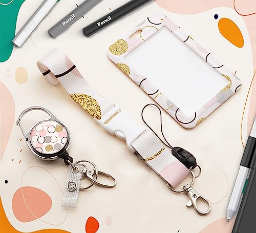 ID Badge Holder with Lanyard,Retractable ID Badge Card Holders Detachable Neck Lanyard Strap with Badge Reel and Vertical ID Holder for Nurse Students Teachers Office Staff(Golden Pink Dot) - color: Golden Pink Dot