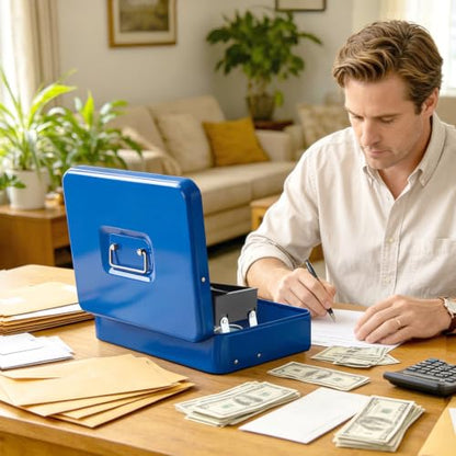Jssmst Metal Cash Box with Money Tray and Lock, Portable Cash Drawer, 11.8" - color: Blue Key