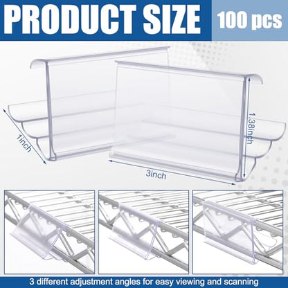 Fulmoon 60 Pcs Wire Shelf Label Holders, Adjustable Clear Plastic Rack Label Clips for 1-1/4in Shelves, 3 Viewing Angles, Retail Warehouses Metro Shelving