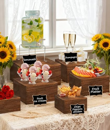 6 Pack Square Wooden Display Risers, Rustic Buffet Food Stands with Cards & Pens