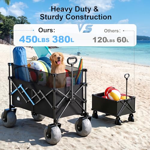 Beach Wagon with Big Wheels for Sand, 450LBS Heavy Duty Foldable Wagon Cart - color: Black, size: 380L