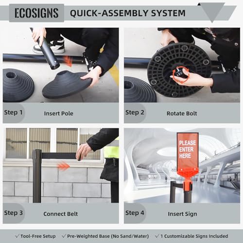 ECOSlGNS 12 Pack Crowd Control Stanchions with Retractable Belts - Commercial Black Stanchions with Heavy Duty Base & Sign Holders for Queue Management - color: Black, size: Round Base - 12 Pack