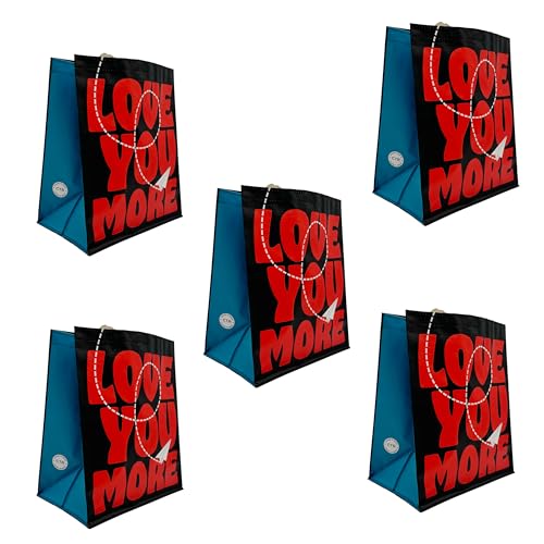 Earthwise Reusable Grocery Bags – Valentine’s Day Gift Totes, Foldable & Water‑Resistant Shopping Bags, Durable Multi‑Use Eco Bags with Cute Love You More Designs (5 Pack)