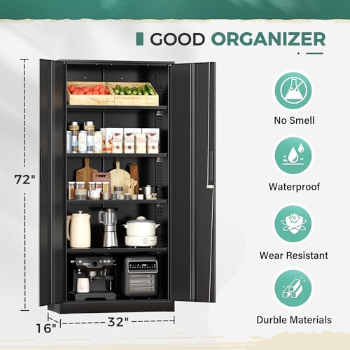 Greenvelly Storage Cabinet, 72” Black Garage Steel Locking Cabinet with Doors and 4 Adjustable Shelves, Tall Lockable File &Tool Cabinet for Home Office, Metal Classroom Cabinet Basement - color: Black, style: 72"H