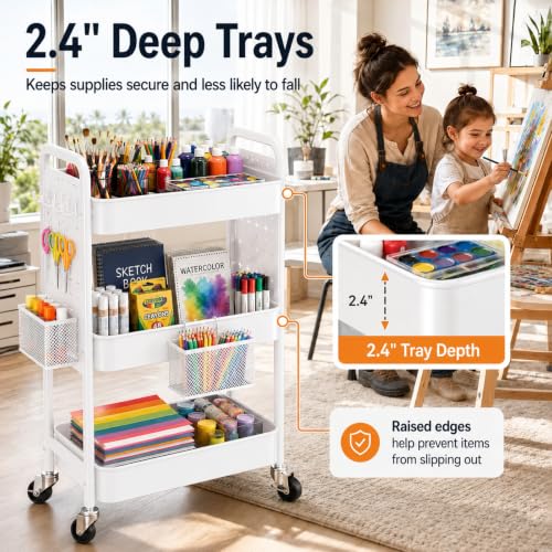 3 Tier White Rolling Storage Cart Metal with DIY Pegboard and Wheels - color: Classic White, size: 3 Tier+Pegboard