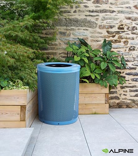 Alpine Outdoor Trash Can 36 Gallon Diamond Steel Commercial Metal Waste Bin with Leak Proof Liner, Heavy Duty Steel Mesh Design, Flat Wide Open Top Lid for Parks, Streets, and Public Spaces-Blue