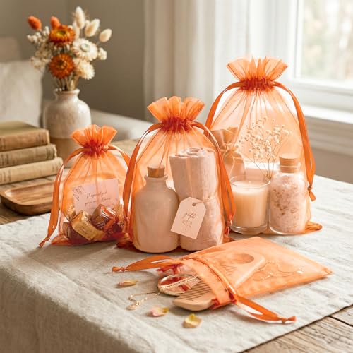 FUNFERY 100Pcs Orange Organza Bags 5x7 in,Small Mesh Drawstring Gift Bag - color: Classic Orange