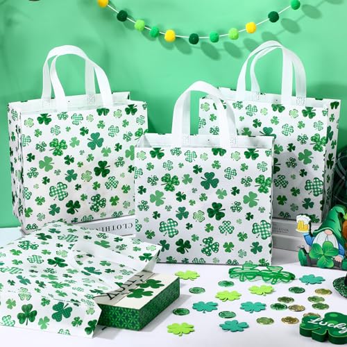 Abbylike 30 Pcs St Patrick's Day Lucky Gift Bag Large Irish Gift Bags Shamrock Candy Green Non Woven Bags for Party Favor - style: Shamrock