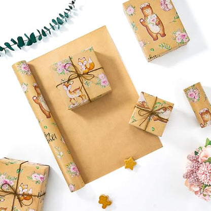 WERNNSAI Baby Girl Kraft Wrapping Paper Roll, 33 ft Baby Shower Wrap Paper - color: Baby Bear-Girl
