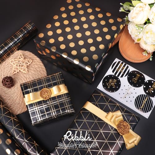 Ribbli Birthday Wrapping Paper Black and Gold Gift Wrap for Father's Day Men Husband Boyfriend Mini Roll, 3 Rolls Geometry Pattern - 17 inch x 120 inch(10feet) Per Roll - color: Black/Gold