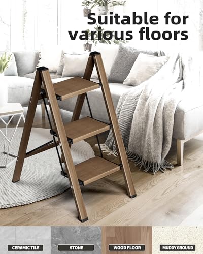 HillhutApex 3 Step Stool Foldable Ladder,Aluminum Step Ladder - color: Walnut