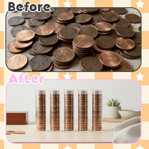 40 Pcs Coin Storage Tube, Plastic Round Clear Penny Coin Tube with Screw Lid, Penny Coins Holder Container Organizer for Coins Collection Supplies Bank Rolls