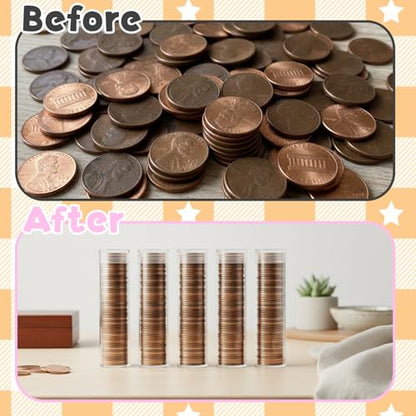40 Pcs Coin Storage Tube, Plastic Round Clear Penny Coin Tube with Screw Lid, Penny Coins Holder Container Organizer for Coins Collection Supplies Bank Rolls