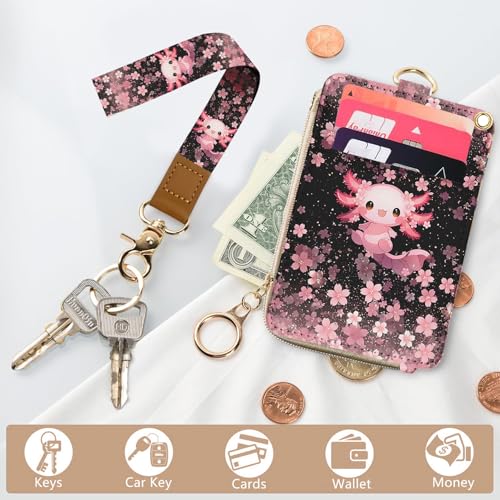 bolimoss Axolot ID Badge Holder & Lanyard Wallet 2-in-1Cute Sakura Womens Small Wallet with Removable Wristlet & Neck Lanyard, Clear Window, 5 Card Slots, Side Zipper Pocket, Ring Keychain - color: Cherry Blossom Axolot