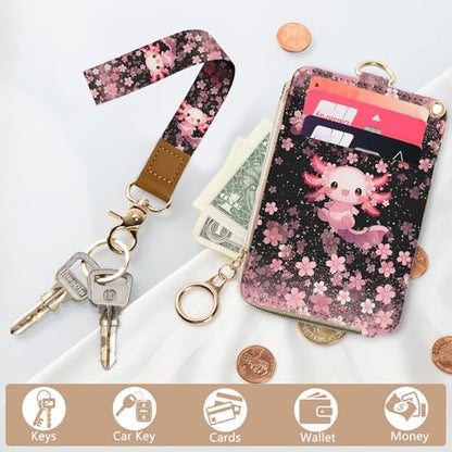 bolimoss Axolot ID Badge Holder & Lanyard Wallet 2-in-1Cute Sakura Womens Small Wallet with Removable Wristlet & Neck Lanyard, Clear Window, 5 Card Slots, Side Zipper Pocket, Ring Keychain - color: Cherry Blossom Axolot