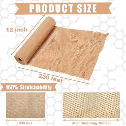12 Inch x 230 Ft Honeycomb Kraft Packaging Paper Roll, Plastic Free Cushioning Packing Paper with Fragile Warning Labels, Recyclable Bubble Wrap Substitute for Household Moving & Business Shipping - color: Brown