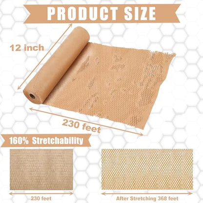 12 Inch x 230 Ft Honeycomb Kraft Packaging Paper Roll, Plastic Free Cushioning Packing Paper with Fragile Warning Labels, Recyclable Bubble Wrap Substitute for Household Moving & Business Shipping - color: Brown