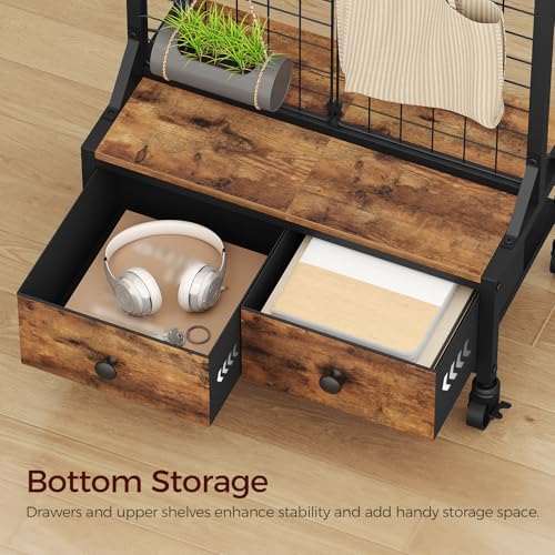 MAHANCRIS 1.8' x 5.6' Ft Grid Wall Panel, Retail Display Rack with 2 Fabric Drawers & 4 Wheels, Gridwall Display Stand with 10 Hooks and 10 Anti-Wind S-Hooks, for Entryway, Kitchen, Outdoors, GPHR5601
