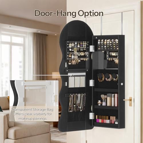 HOOBRO LED Mirror Jewelry Cabinet, Wall/Door Mounted Jewelry Organizer - color: Black