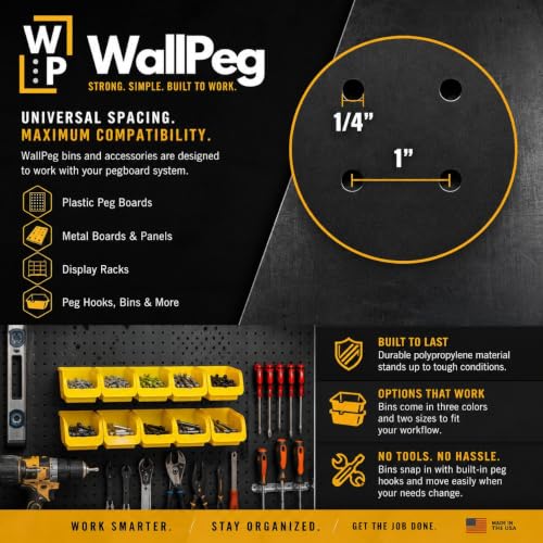 WallPeg Pegboard Bins - 6 Each 7" & 6 Each 5" Organizing Bins Blue - Hooks to Peg Board Panel Organize Hardware Arrange Accessories Workbench Tool Organizer Garage Storage -Made in USA-