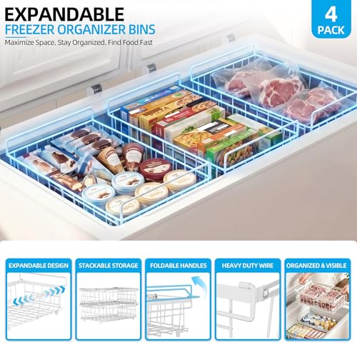 4 Pack Expandable Freezer Organizer Bins, Stackable Chest Freezer Basket - color: White, size: 4 Packs