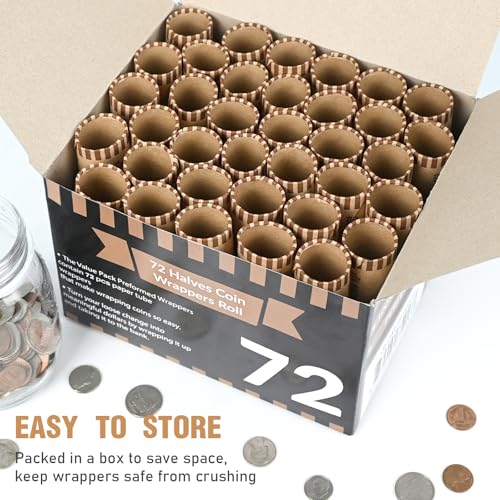 LLIKED 72 PCS Preformed Coin Wrappers Rolls-Halves, Brown - size: 72 Halves Coin Rolls