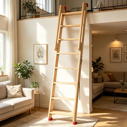 6.5ft Folding Wooden Loft Ladder, 8 Steps Rolling Library Ladder with Dual Handrails, Industrial Style SolidWood Step Ladder, Portable Loft Attic Ladder, 660LBS, for Attic, Warehouse, Library - size: 6.5ft