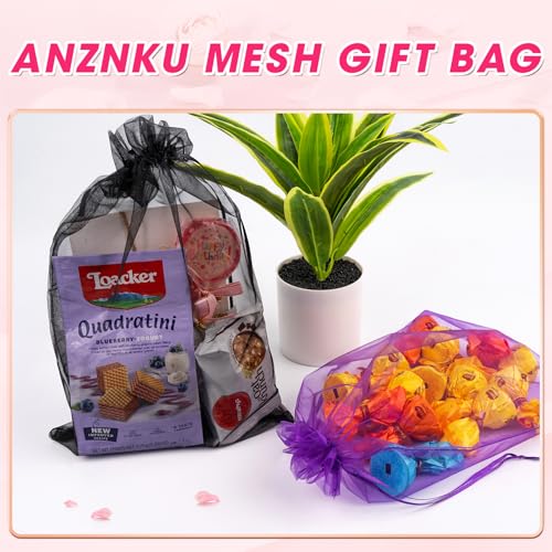 ANZNKU 50 Pcs Large Organza Bags 8x12, Black Small Mesh Gift Bag Drawstring - color: Black