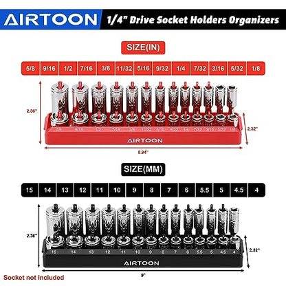 1/4-Inch & 3/8-Inch Drive Socket Organizer Trays, 4-Piece SAE and Metric Socket Tray Set, Deep and Standard Socket Holders Organizers for Toolbox, Black & Red - size: 1/4 & 3/8-Inch SAE and METRIC