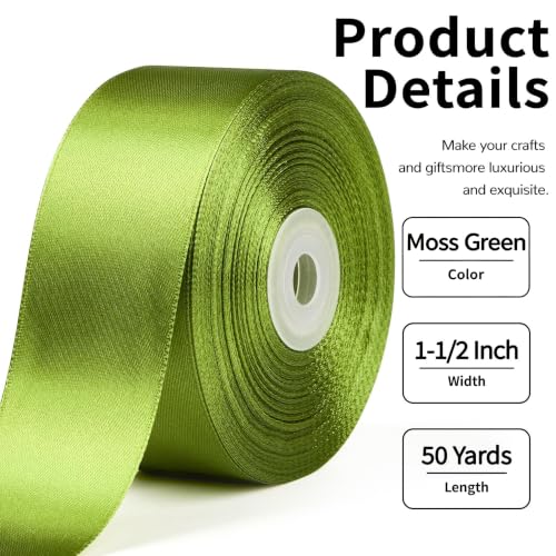 Mauproy Moss Green Satin Ribbon, 1-1/2 Inch, 50 Yards - color: Moss Green