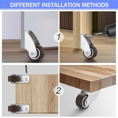 Small Rigid Caster Wheels 1 Inch, TPR Rubber Low Profile Casters Set of 8, Built-in Mute Bearing, Horizontal/Vertically Mount, Anti-Sag Door Support Wheel for Wooden Gate, Furniture, Drawers