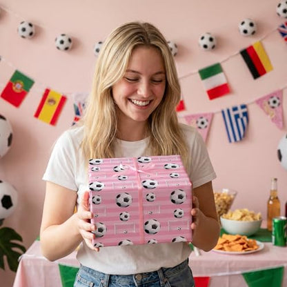 RUSPEPA Soccer Wrapping Paper Roll, Mini Roll, Pink Football Ball & Goal Design Gift Wrap Paper for Girls, Kids, Sports Fans, Soccer Party, Team Celebration, Game Day, 17 Inches x 16.4 Feet - color: Pink Soccer