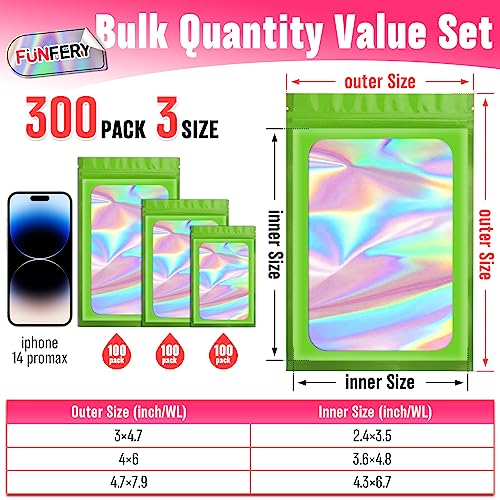 Funfery 300 Pack 3 Size Mylar Holographic Bags with Clear Window,Green - color: Green, size: 3x4.7+4x6+4.7x7.9 Inch