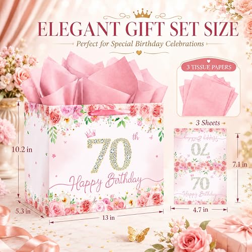 QISOLIY Pink Floral 70th Birthday Gift Bag for Women, Large Happy 70th Birthday Gift Bag with Tissue Paper and Greeting Card Included, Elegant Birthday Present Bag for Mom, Grandma, Sister and Friend - color: 70th