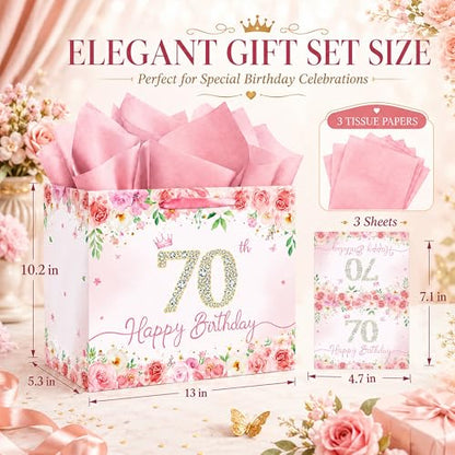 QISOLIY Pink Floral 70th Birthday Gift Bag for Women, Large Happy 70th Birthday Gift Bag with Tissue Paper and Greeting Card Included, Elegant Birthday Present Bag for Mom, Grandma, Sister and Friend - color: 70th