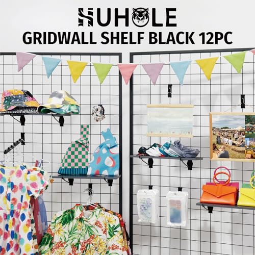 HUHOLE 4 Pack 16 x 8 Inch Wooden Gridwall Shelves with Metal Brackets