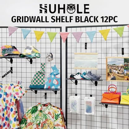 HUHOLE 4 Pack 16 x 8 Inch Wooden Gridwall Shelves with Metal Brackets